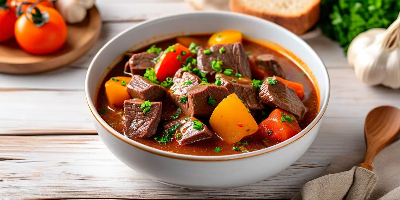 A steaming bowl of hearty beef stew with chunks of tender meat and vegetables
