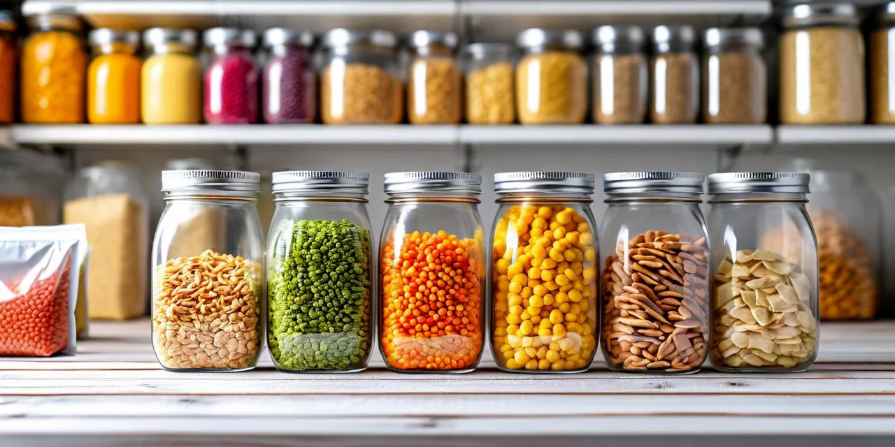 Organized pantry shelves with mason jars and mylar bags of freeze-dried food